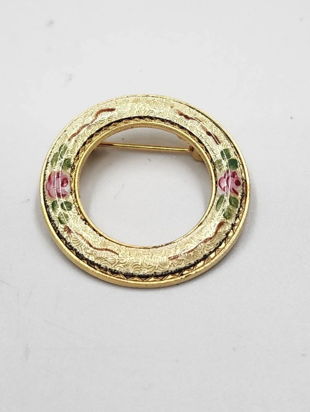Vintage guilloche enamel circle floral brooch Gold Tone Pin VTG 1